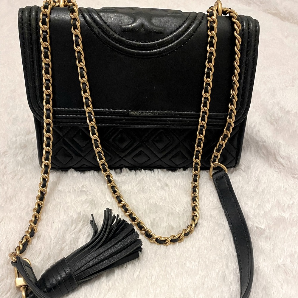 Tory Burch Quilted Black Crossbody with Gold Chain